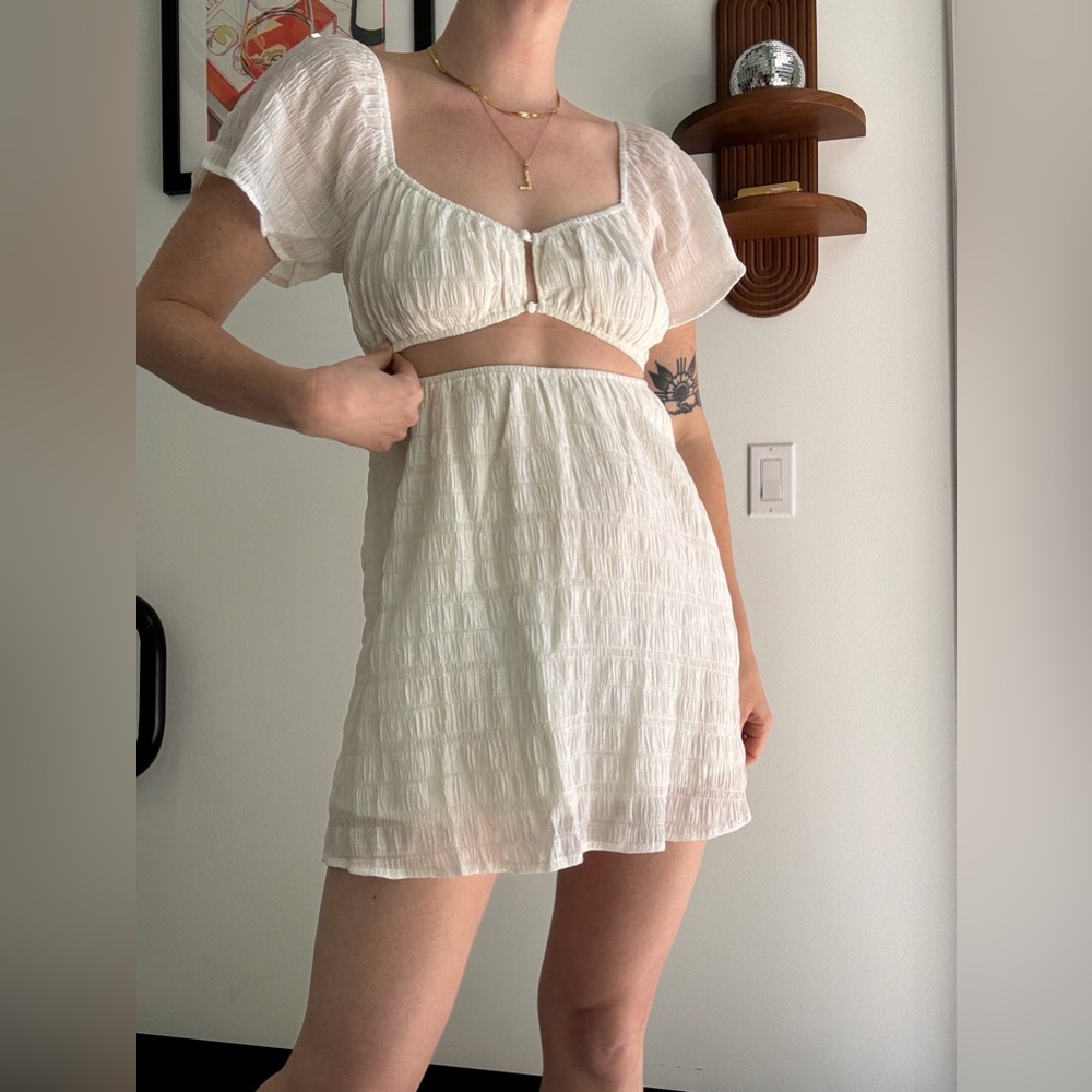 White Textured Cut Out Mini Dress